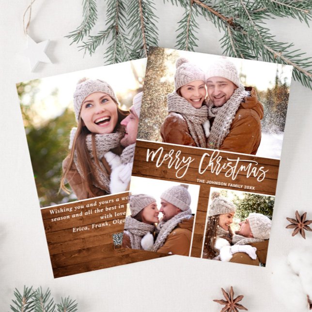 Merry Christmas Modern Rustic 4 PHOTO Greeting Holiday Card (Creator Uploaded)