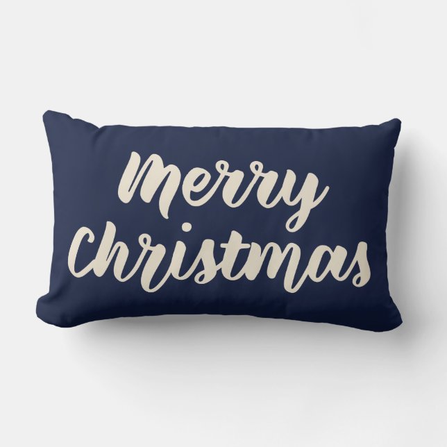 Merry Christmas Modern Rustic Script Navy Blue Lumbar Cushion (Front)