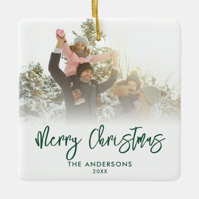 Merry Christmas Modern Script 2 Photo Ceramic Ornament (Front)