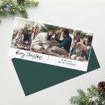 Merry Christmas Modern Script 3 Photo Collage  Holiday Card<br><div class="desc">Cherish your family's precious moments this holiday season with our custom photo collage Christmas card. This unique greeting card showcases a beautifully arranged collection of your favourite family photographs, artfully combined to create a festive and heartwarming design. Personalise it with up to 3 of your most treasured snapshots, from candid...</div>