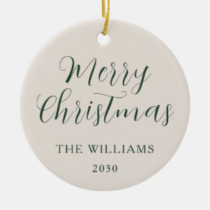 Merry Christmas Modern Script Beige Green Ceramic Tree Decoration