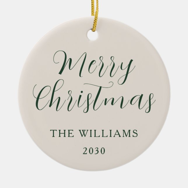 Merry Christmas Modern Script Beige Green Ceramic Tree Decoration (Front)