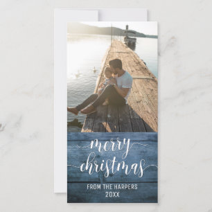 Merry Christmas Modern Script Blue Rustic Wood Holiday Card