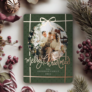 Merry Christmas Modern Script Bow Green 1 Photo Foil Holiday Card