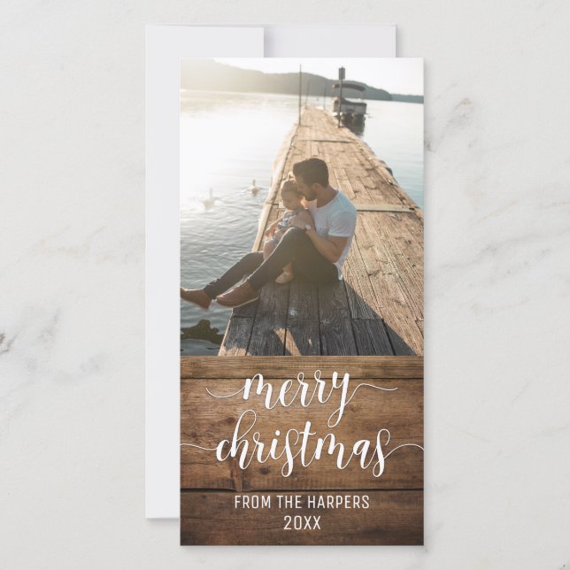 Merry Christmas Modern Script & Brown Rustic Wood Holiday Card (Front)