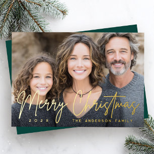 Merry Christmas modern script deep green photo Foil Holiday Card