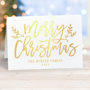 Merry Christmas Modern Script Holiday Photo Gold Foil Card