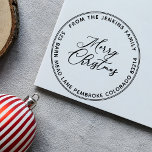 MERRY CHRISTMAS Modern Script Name Return Address Rubber Stamp<br><div class="desc">Create your own MERRY CHRISTMAS Modern Script Name Return Address rubber stamp. These simple modern design features an elegant calligraphic script lettering of the words, "Merry Christmas". Your family name and return address gracefully encircle the message in a simple modern sans serif typeface enclosed by a double circular border. Makes...</div>