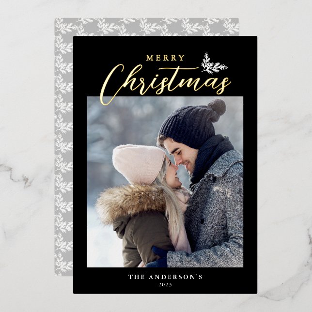 Merry Christmas Modern Script Photo Black Gold Foil Holiday Card (Front/Back)