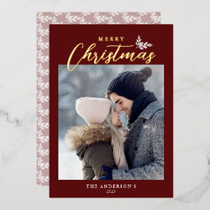 Merry Christmas Modern Script Photo Red Gold Foil Holiday Card