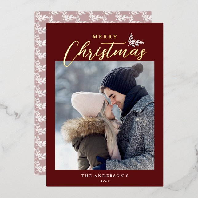 Merry Christmas Modern Script Photo Red Gold Foil Holiday Card (Front/Back)