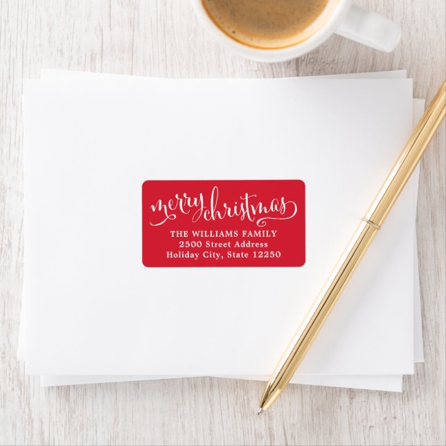 Merry Christmas Modern Script Red Return Address Label (Insitu)