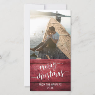 Merry Christmas Modern Script Red Rustic Wood Holiday Card