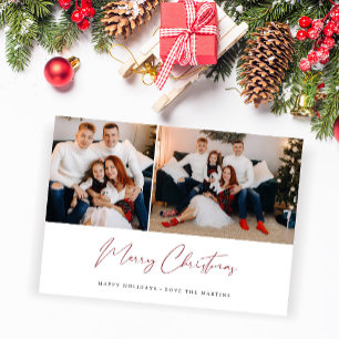 Merry Christmas Modern Script Two Photo Card