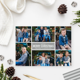 Merry Christmas Modern Silver Photo Collage Holiday Card