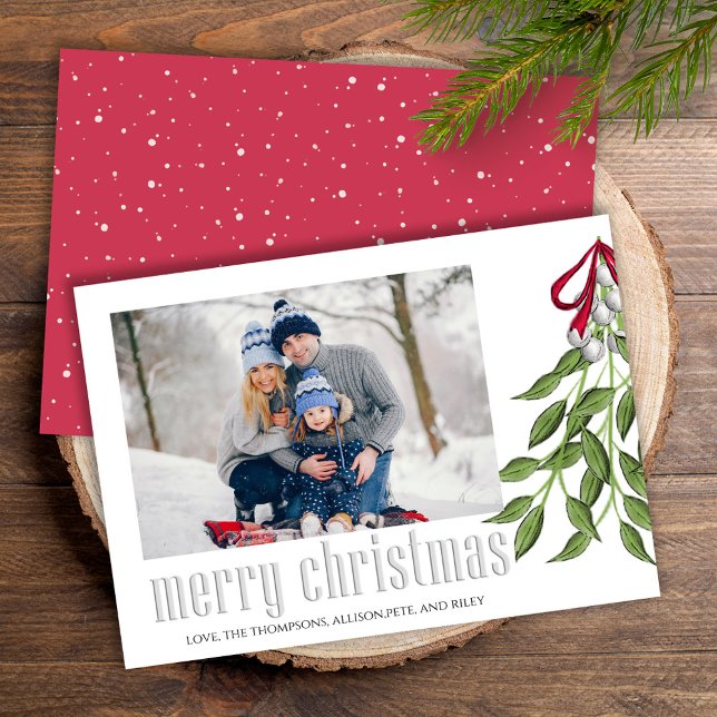 Merry Christmas Modern Simple Mistletoe One Photo Holiday Card (Merry Christmas whimsical greenery mistletoe holiday photo card.)