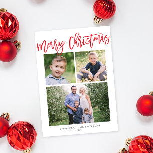 Merry Christmas Modern Simple Red Script 3 Photo  Holiday Card