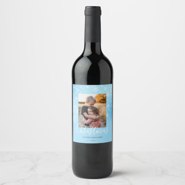 Merry Christmas Modern Snowy Winter Blue Photo Wine Label (Front)