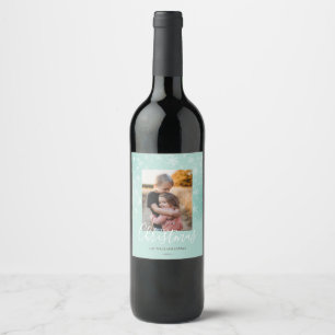 Merry Christmas Modern Snowy Winter Green Photo Wine Label