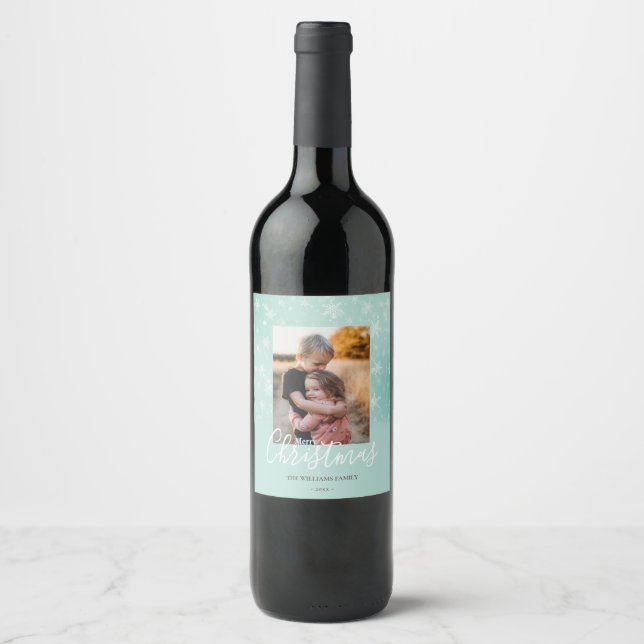 Merry Christmas Modern Snowy Winter Green Photo Wine Label (Front)