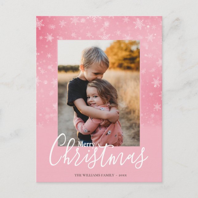 Merry Christmas Modern Snowy Winter Pink Photo Holiday Postcard (Front)