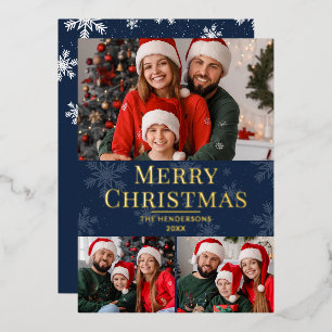 Merry Christmas Modern Text Blue Family 3 Photo Foil Holiday Card