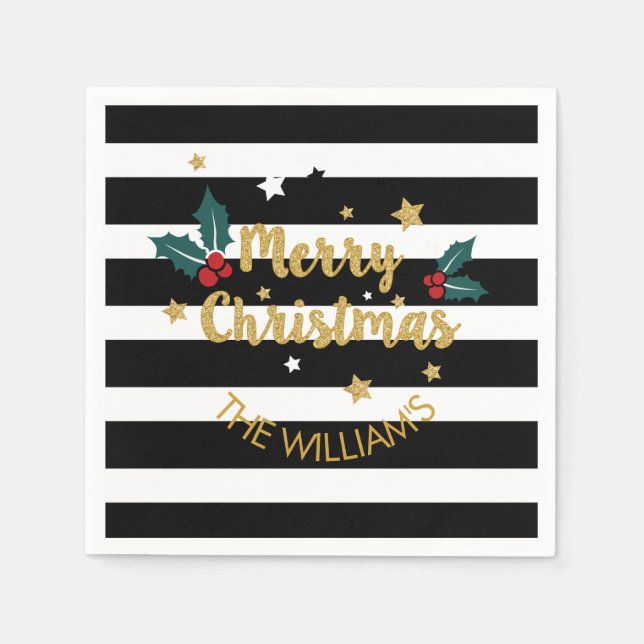 Merry Christmas Modern Text Design Gold Glitter Napkin (Front)