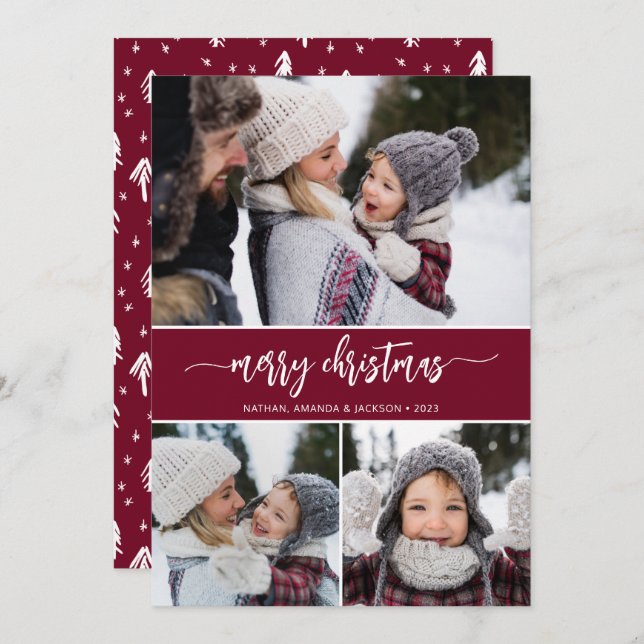 Merry Christmas Modern Three Photos Holiday Card (Front/Back)
