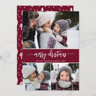 Merry Christmas Modern Three Photos Holiday Card