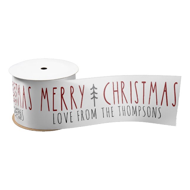 Merry Christmas Modern Tree Personalised Name Satin Ribbon (Spool)