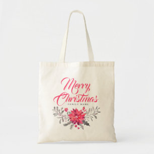 Merry Christmas Modern Typography & Bouquet Tote Bag