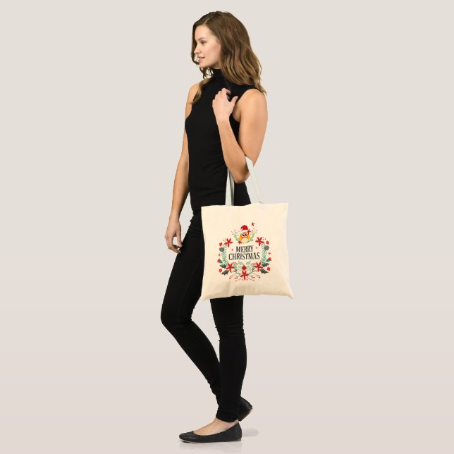 Merry Christmas Modern Typography & Owl Wreath Tote Bag (Front (Model))