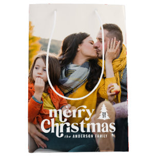 Merry Christmas modern typography vintage 1 photo  Medium Gift Bag