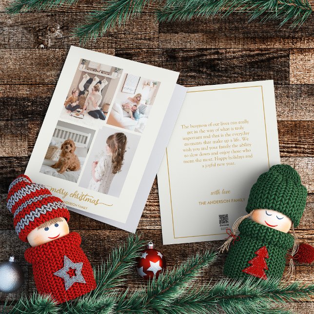 Merry Christmas | Modern, White Four Photo Collage Holiday Card (Creator Uploaded)