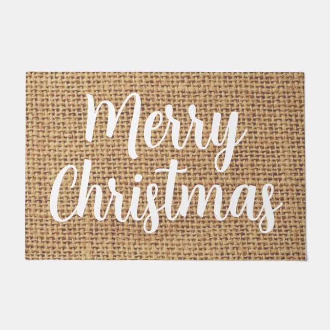 Merry Christmas modern white script cool burlap Doormat (Front)