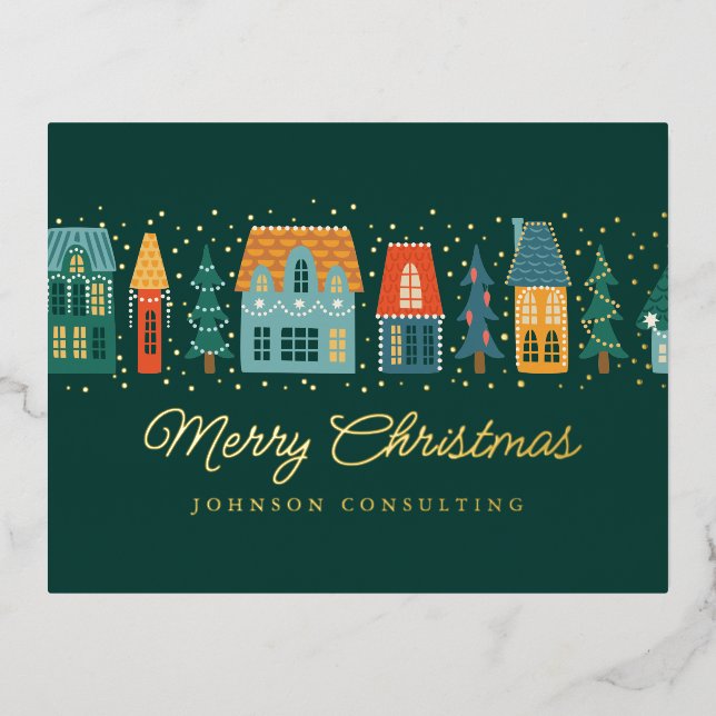 Merry Christmas Modern Winter Snow Village Foil Holiday Postcard (Front)