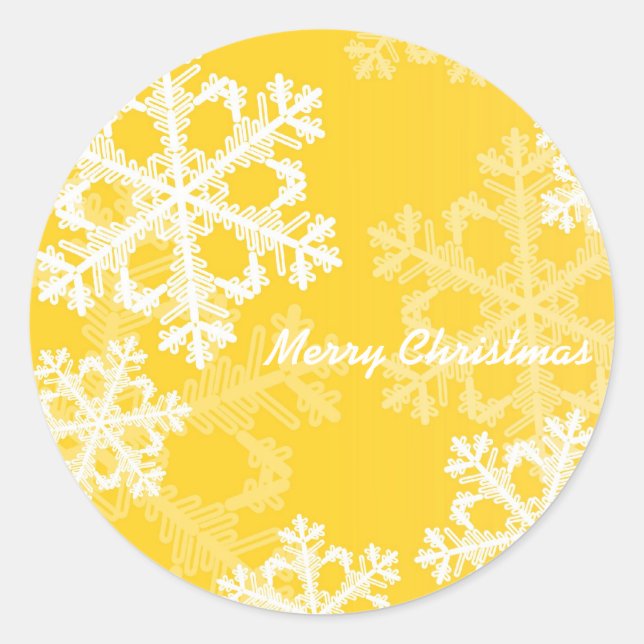 Merry Christmas Modern Yellow Snowflakes Pattern  Classic Round Sticker (Front)