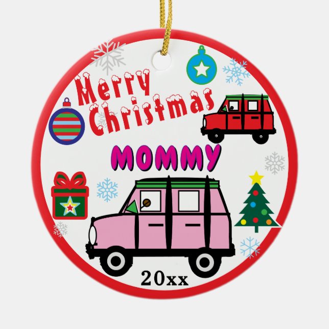 Merry Christmas Mommy Pink Car Kids PHOTO Ceramic Tree Decoration (Front)