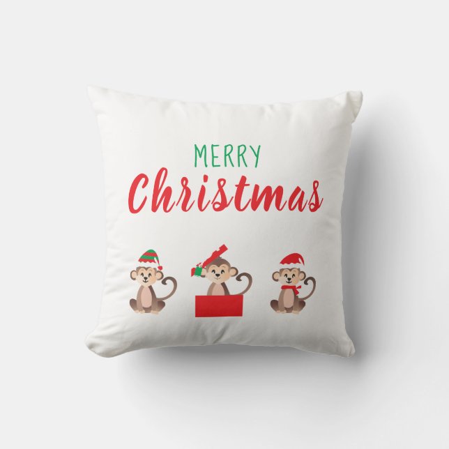 Merry Christmas Monkey Santa Elf Hat Cushion (Front)