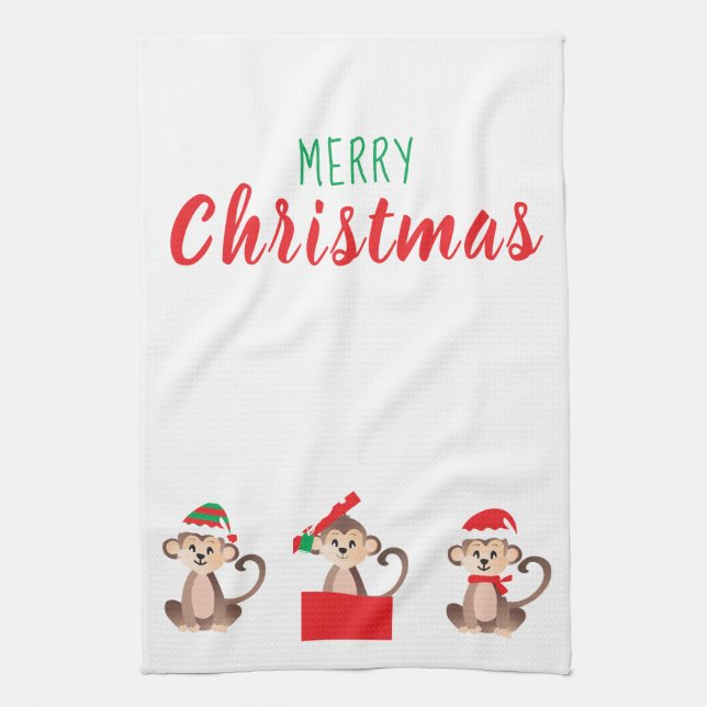 Merry Christmas Monkey Santa Hat Tea Towel (Vertical)