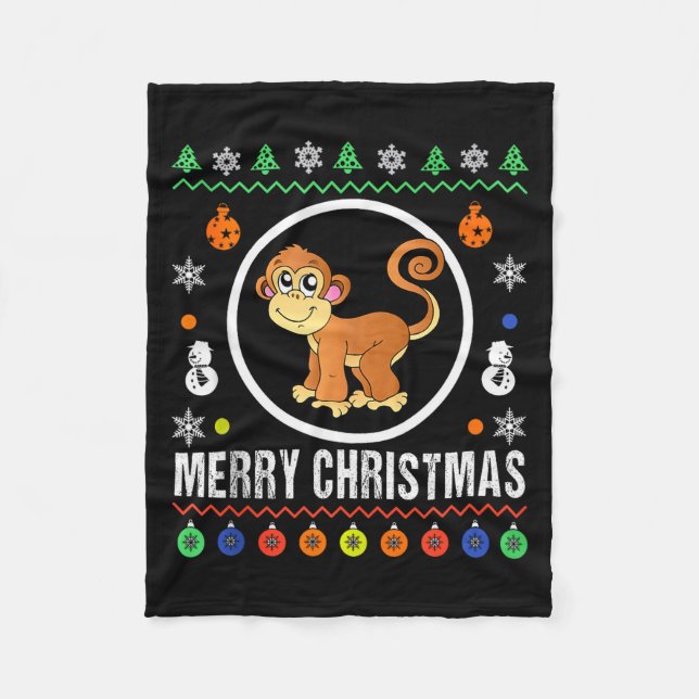 Merry Christmas Monkey Ugly Sweater Xmas Knit Tank Fleece Blanket (Front)