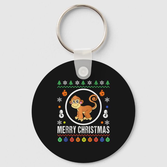 Merry Christmas Monkey Ugly Sweater Xmas Knit Tank Key Ring (Front)
