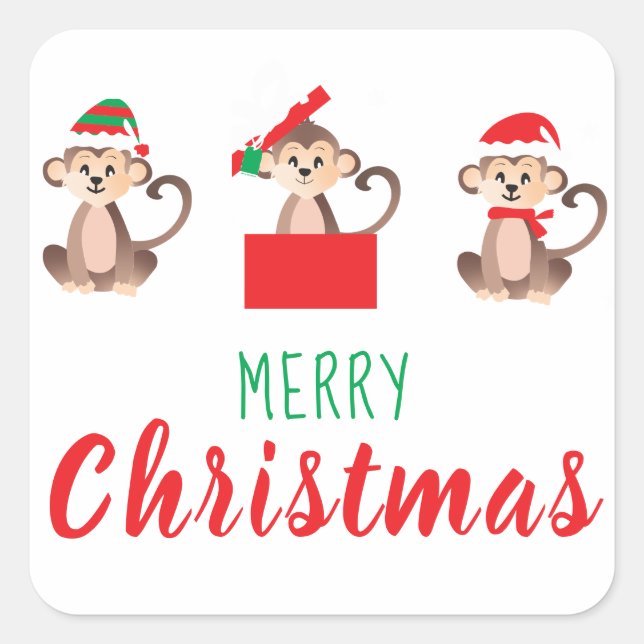 Merry Christmas Monkey Wearing Santa Hat Square Sticker (Front)