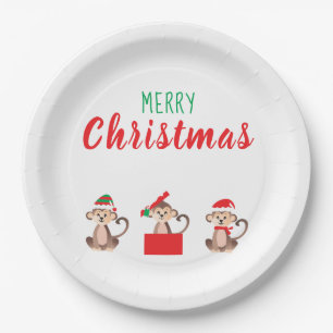 Merry Christmas Monkeys Christmas Hats Paper Plate