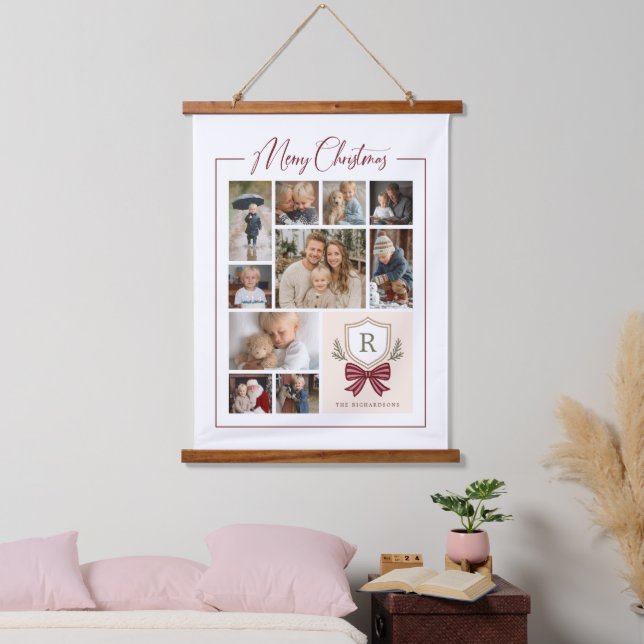 Merry Christmas Monogram Crest 10-Photo Collage Hanging Tapestry (Bedroom)