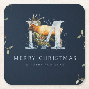 Merry Christmas/Monogram/Deer Art Square Paper Coaster