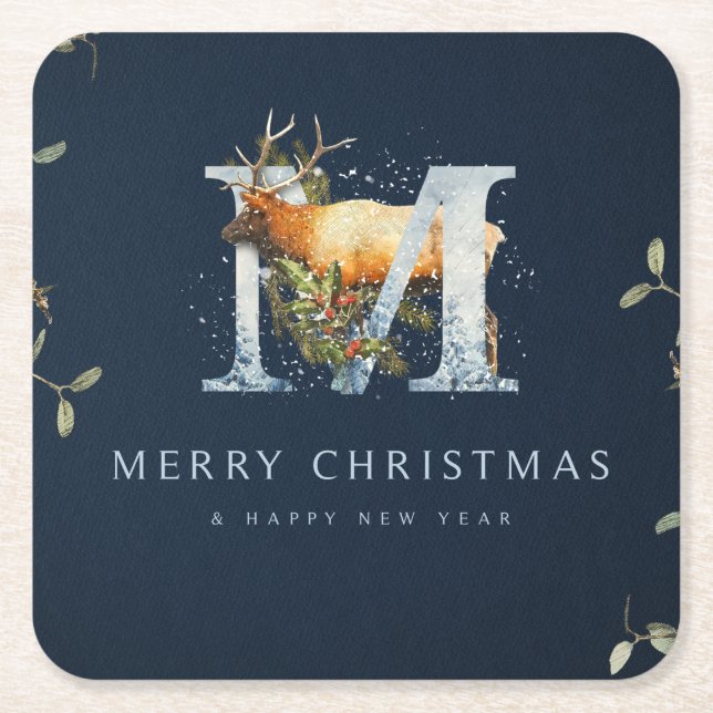 Merry Christmas/Monogram/Deer Art Square Paper Coaster (Front)