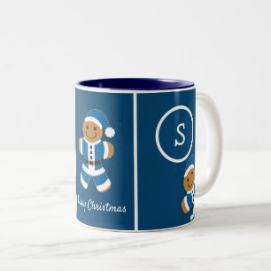 Merry Christmas Monogram Gingerbread Santa Blue Two-Tone Coffee Mug