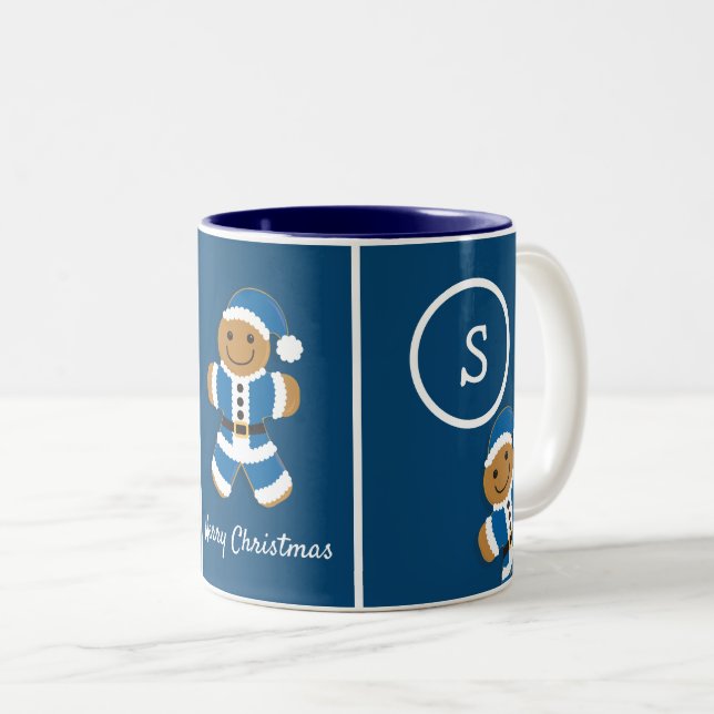 Merry Christmas Monogram Gingerbread Santa Blue Two-Tone Coffee Mug (Front Right)
