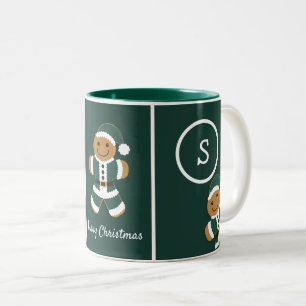 Merry Christmas Monogram Gingerbread Santa Green Two-Tone Coffee Mug